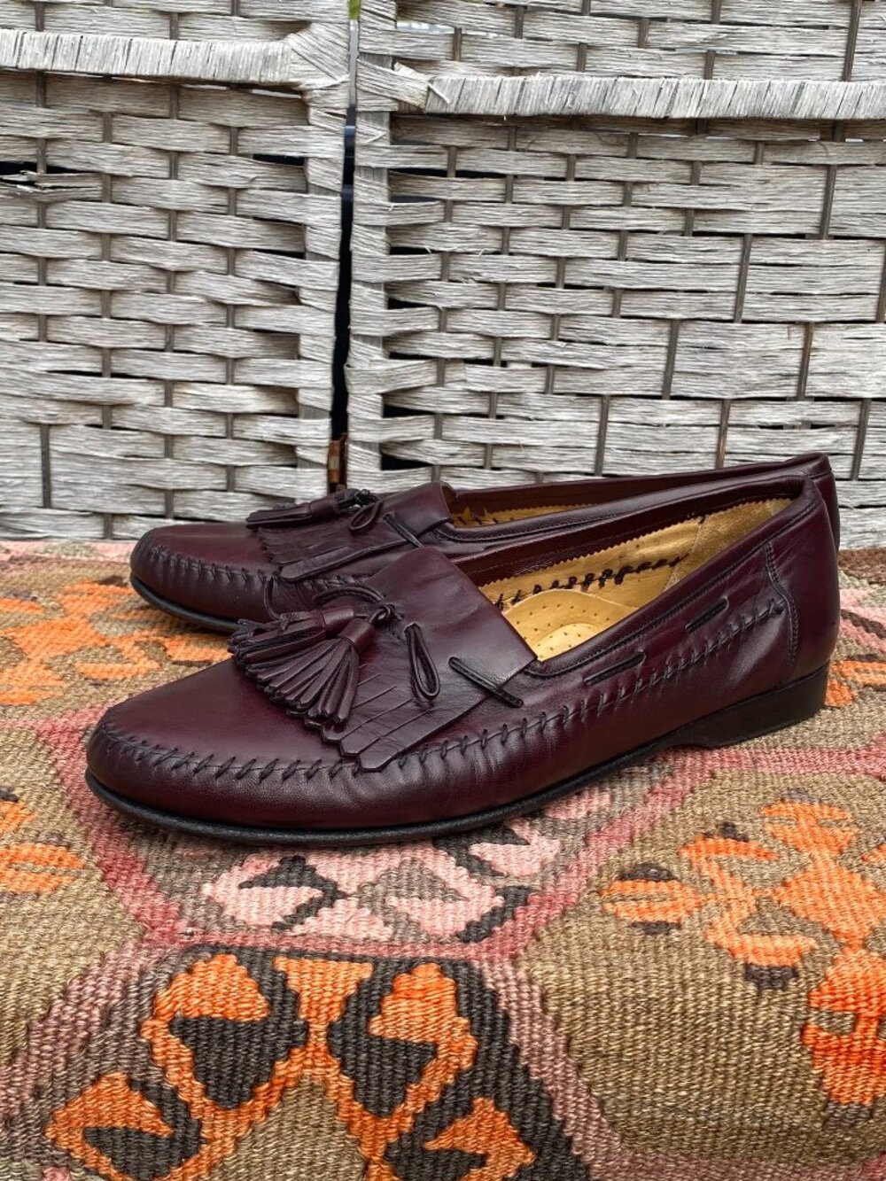 Vintage Burgundy Oxblood Santoni Leather Loafers Tassels Made Italy Size 11